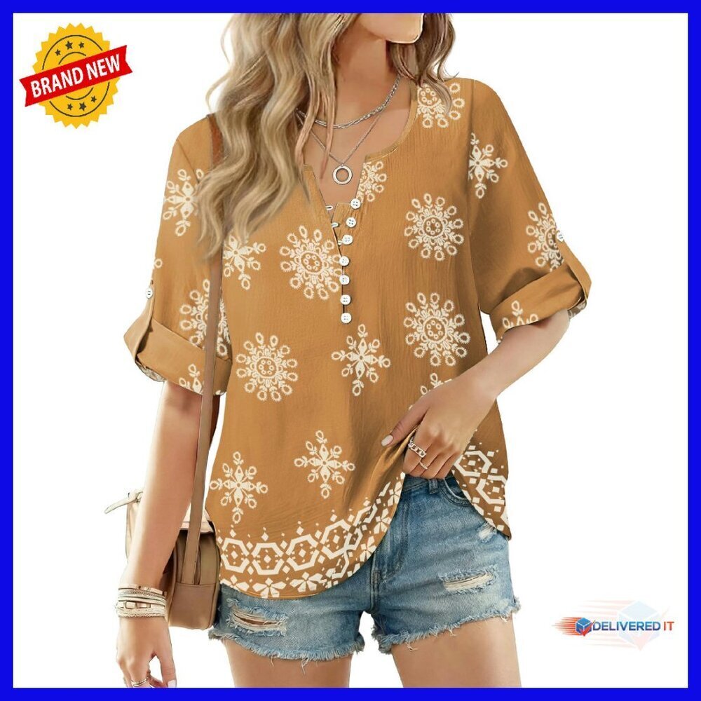 Floral Print V-Neck Blouse 3/4 Sleeve Lightweight Rayon Tunic